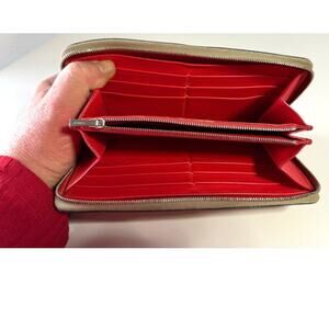 CELINE LEATHER Round Zip Long Wallet Red Interior Tan Exterior with COA